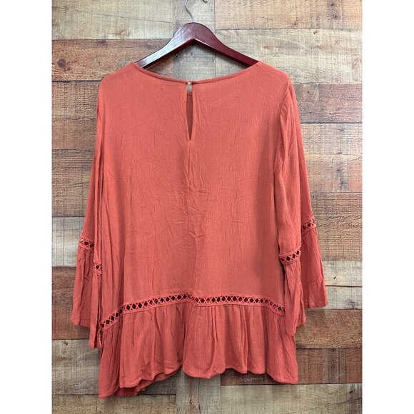 Bobeau Womens Long Sleeve Peasant Top With Crochet Trim In Rust Size L 100% Rayo - Picture 5 of 8